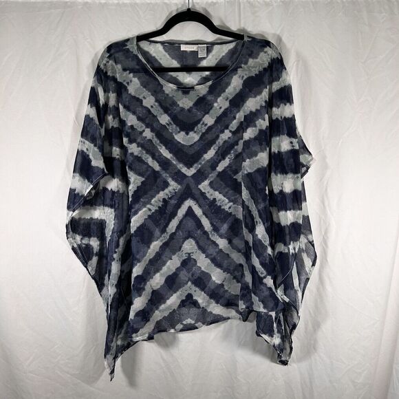 Chico's Blouse Top Women's S/M Blue Sheer Round Neck Slit Sleeve Pullover - Picture 1 of 12